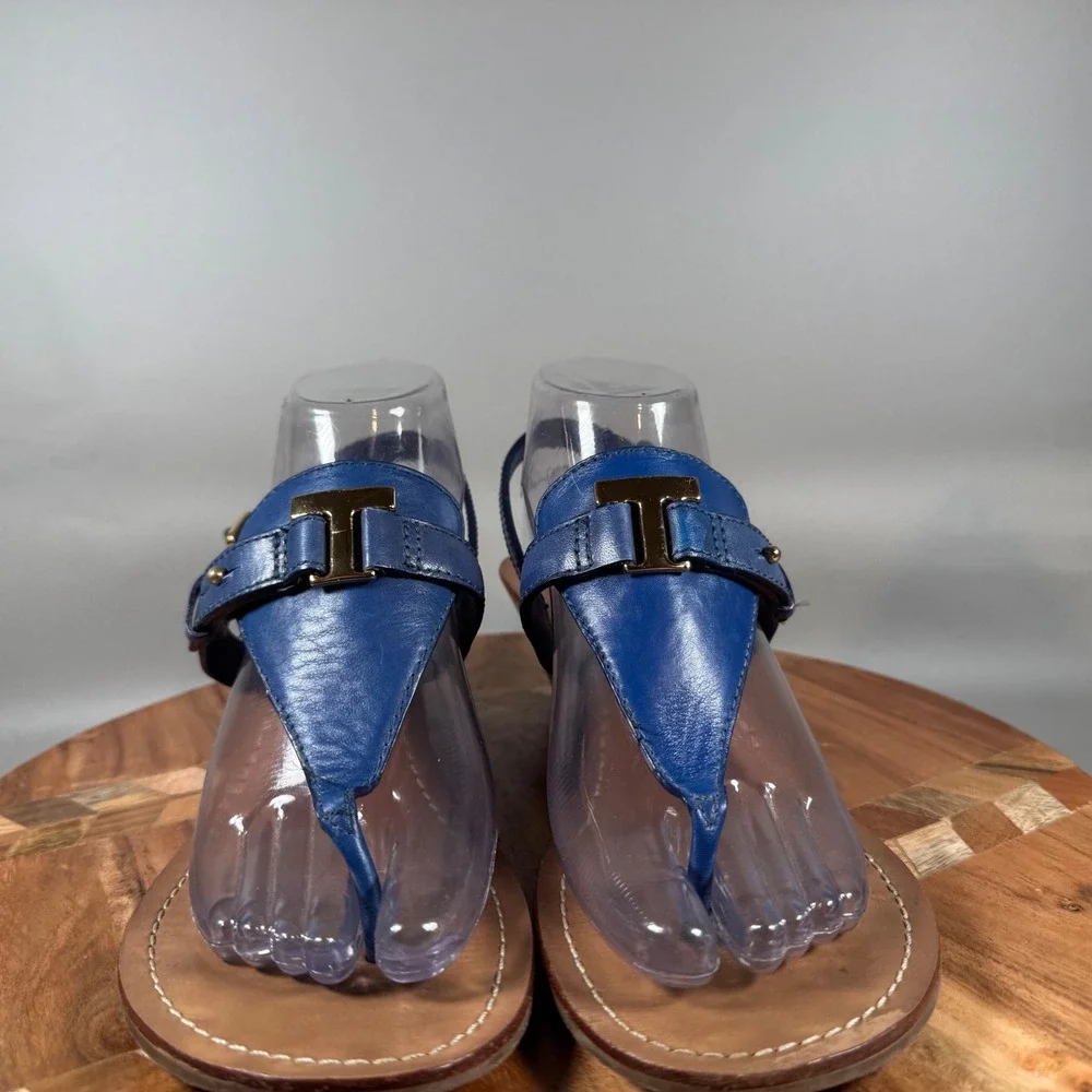 Tory Burch Miller Wedge Thong Sandals‎ Blue Leather Gold Logo Size 9M